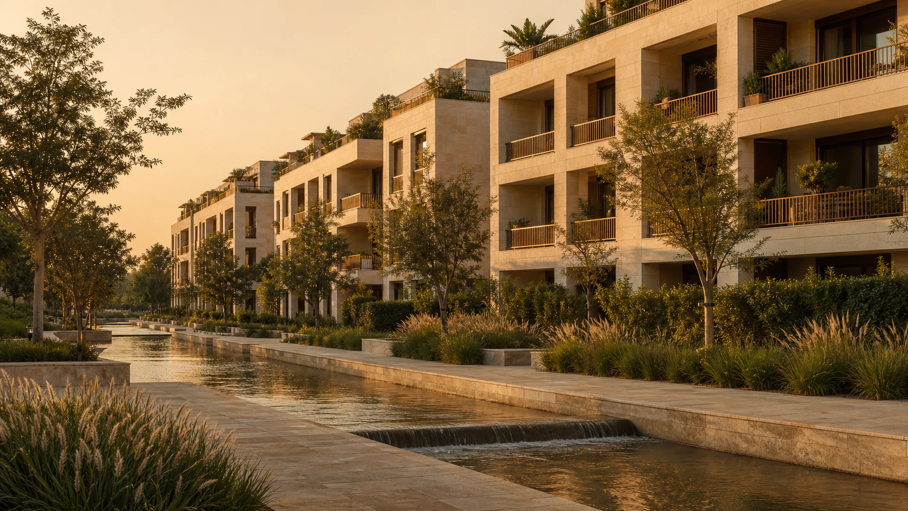 NEXDAR residential community set around gardens and a reflective water landscape