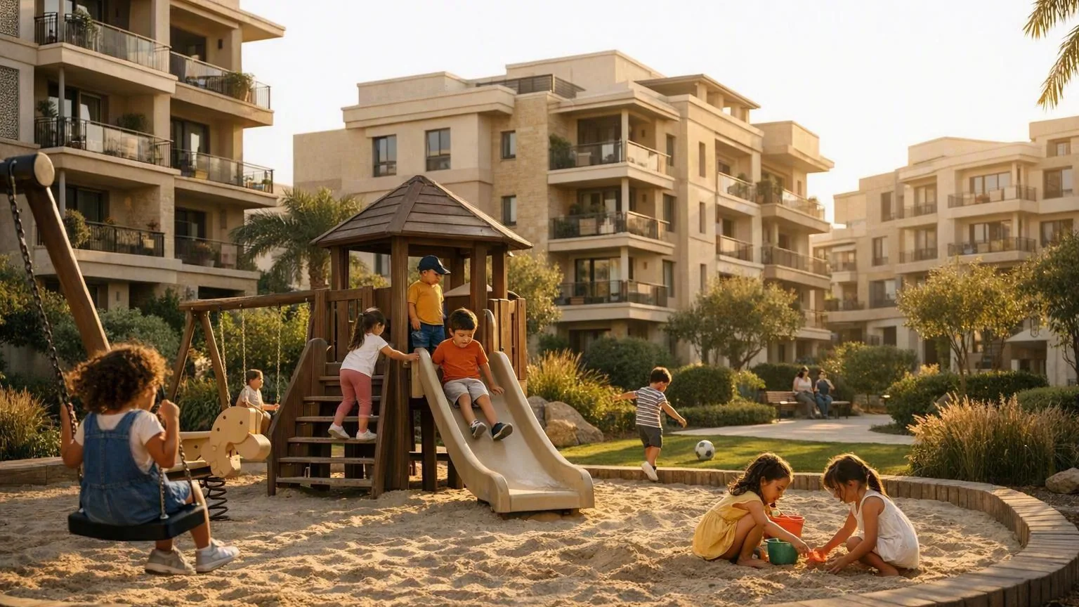 Children and families in a landscaped play area