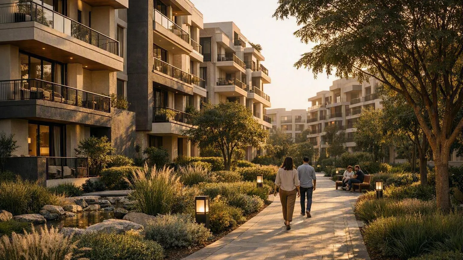 Landscaped grounds and walkways inside the community