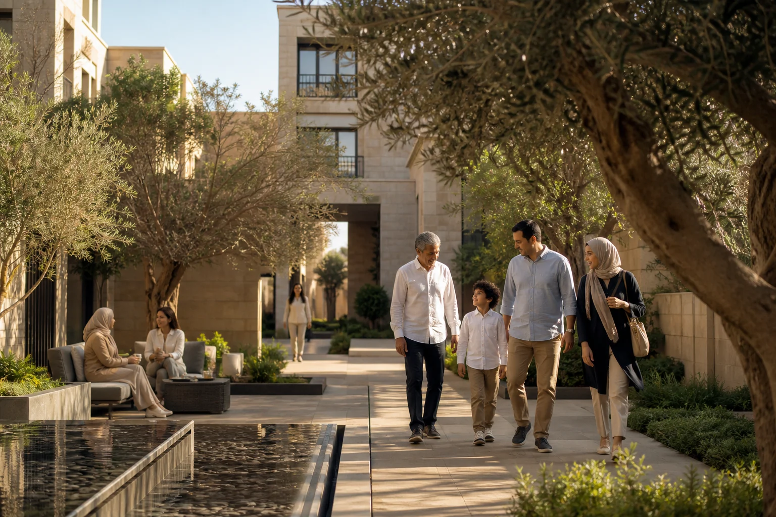 Residents walking and gathering in a landscaped residential courtyard