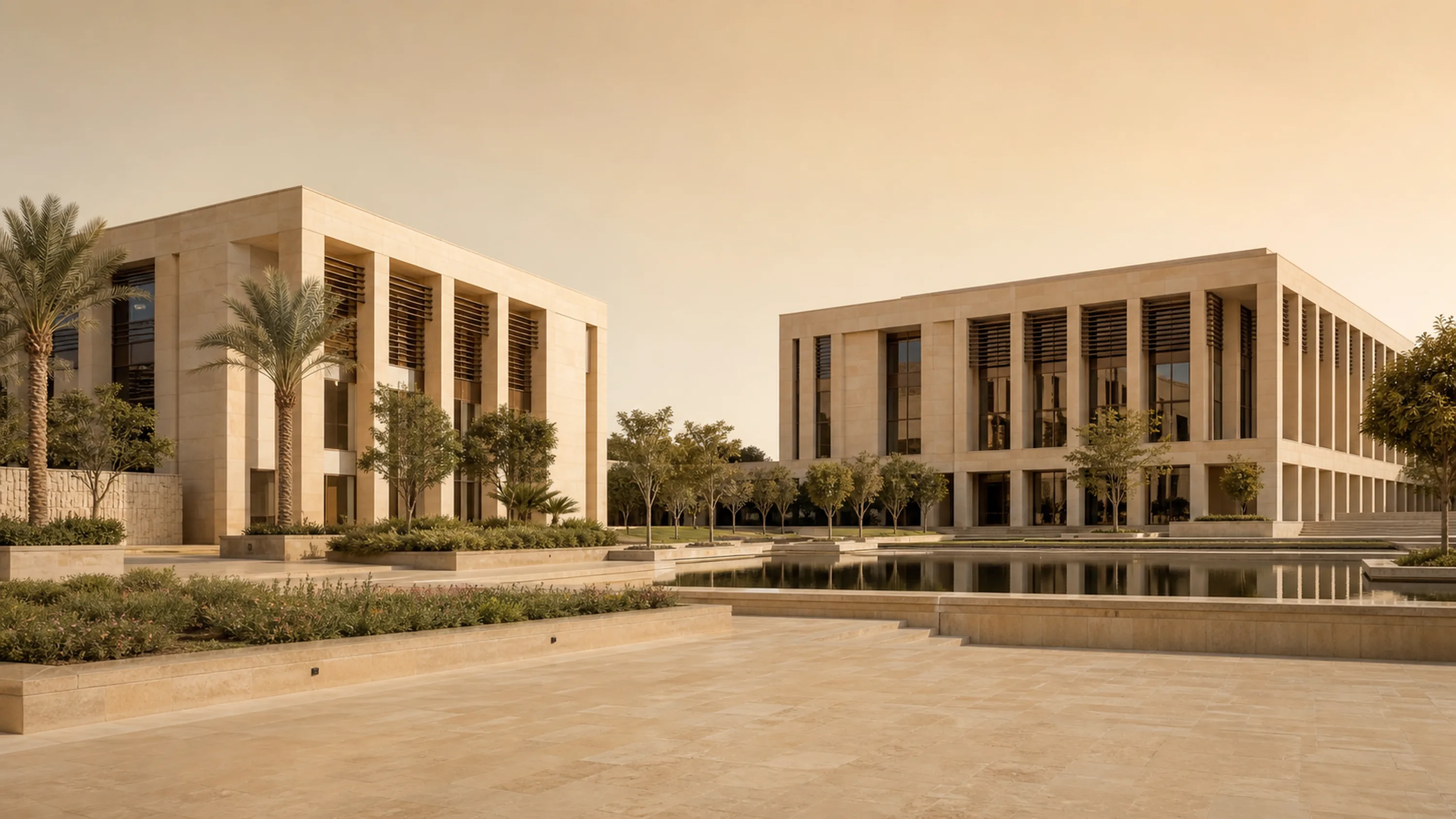 Two stone office buildings facing a reflecting pool at golden hour