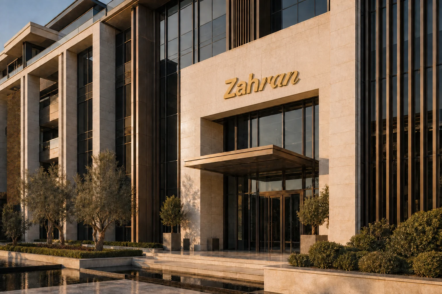 Luxury headquarters with a centered gold Zahran wordmark on the facade