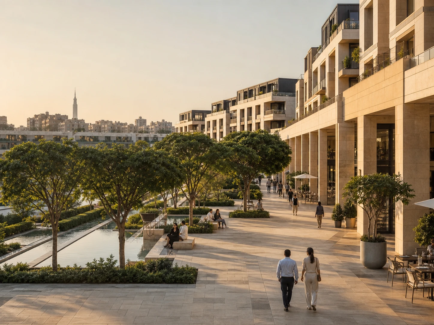 Residents walking and gathering in a landscaped residential courtyard