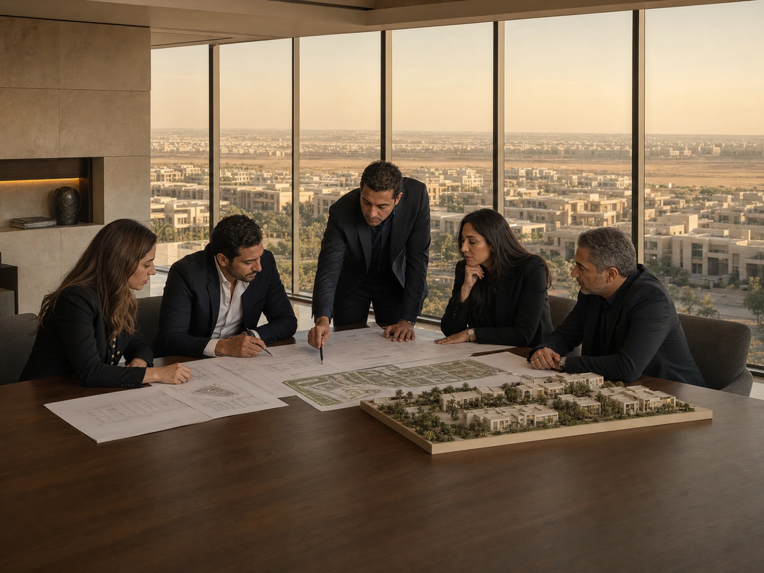 Zahran Developments leadership reviewing a master plan and site model in New Cairo