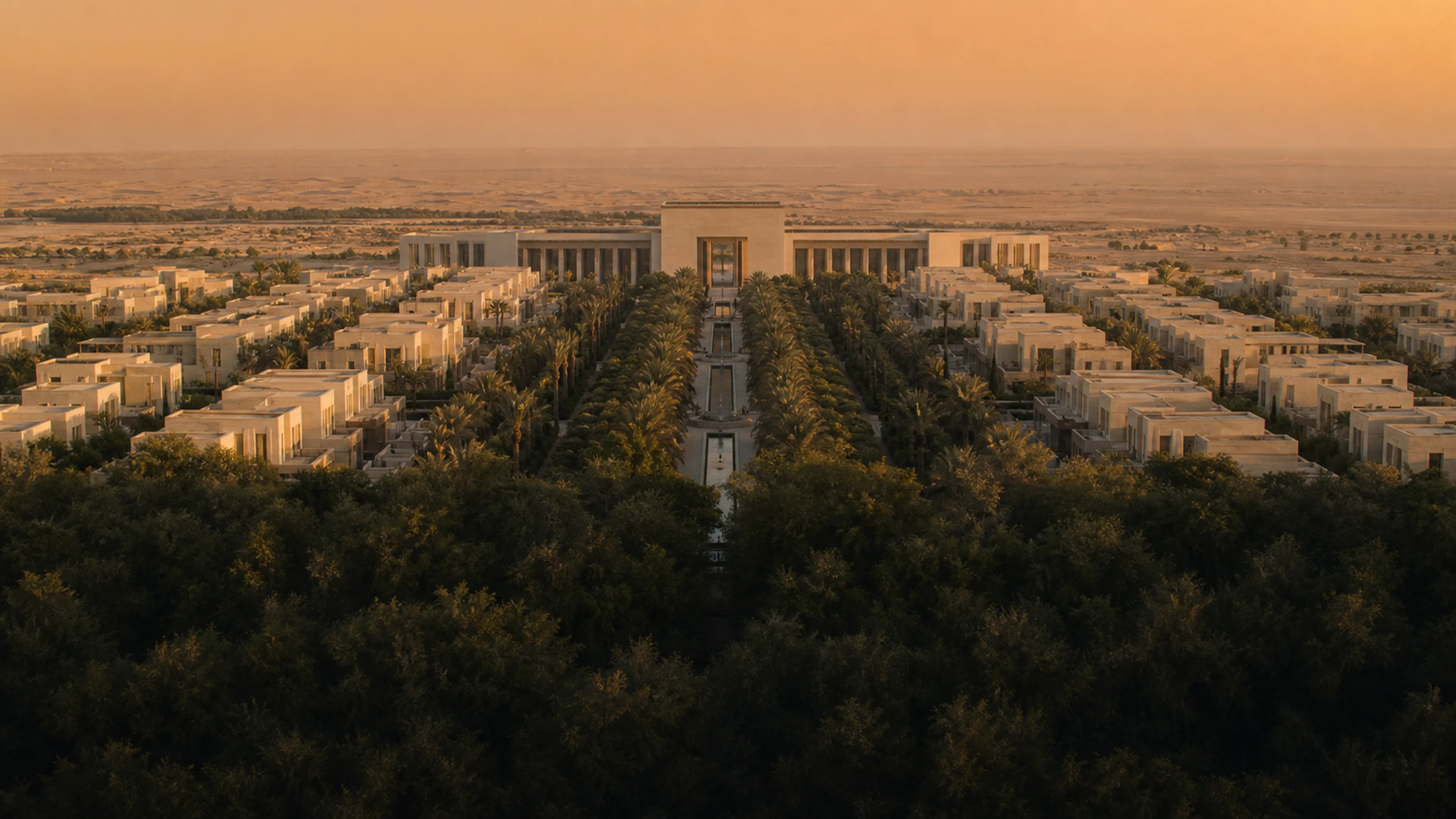 Aerial view of a master-planned district at golden hour, its central avenue lined with palms