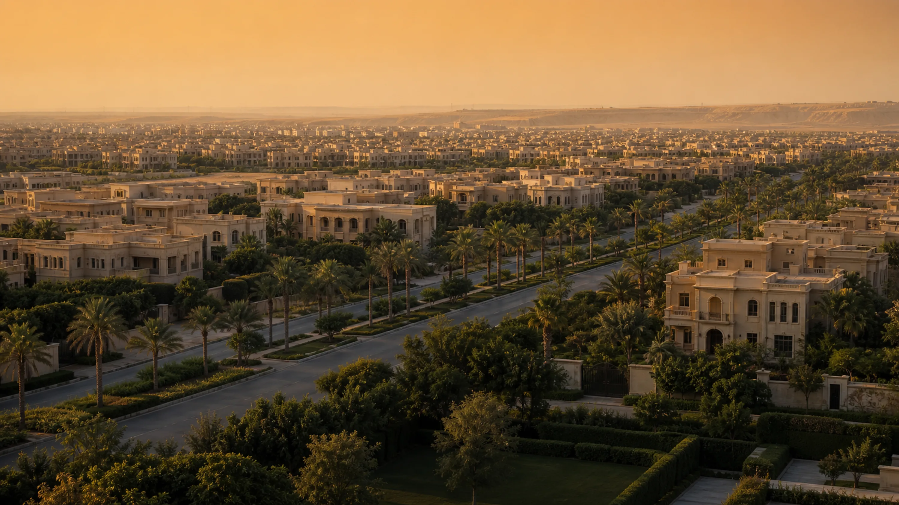 The New Cairo corridor at golden hour, with tree-lined avenues and low-rise neighbourhoods