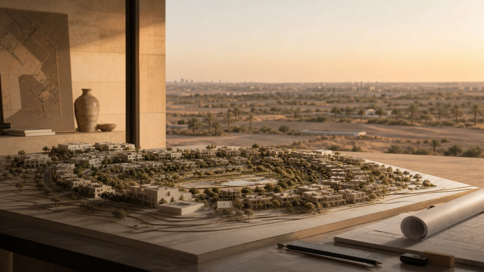 An architectural masterplan model arranged beside drawings, overlooking open desert land at golden hour